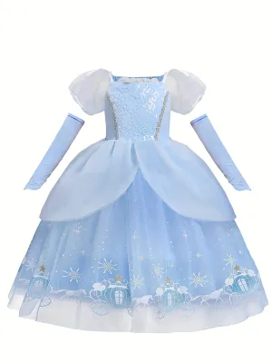 Fairy Tale Princess Dress & Sleeves Set, Girl's Pumpkin Wagon Print Puff Sleeve Mesh Dress, Dress Up Outfits For Christmas Halloween Party Birthday Performance, As Gift