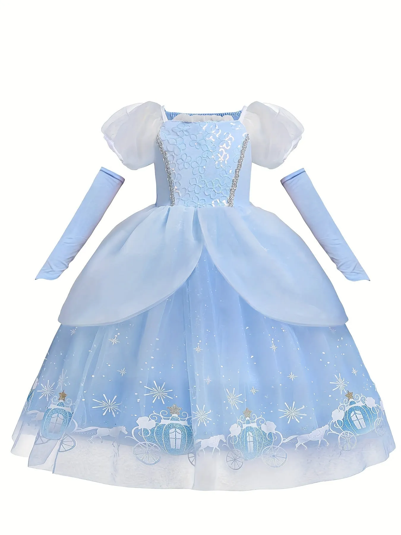 Fairy Tale Princess Dress & Sleeves Set, Girl's Pumpkin Wagon Print Puff Sleeve Mesh Dress, Dress Up Outfits For Christmas Halloween Party Birthday Performance, As Gift