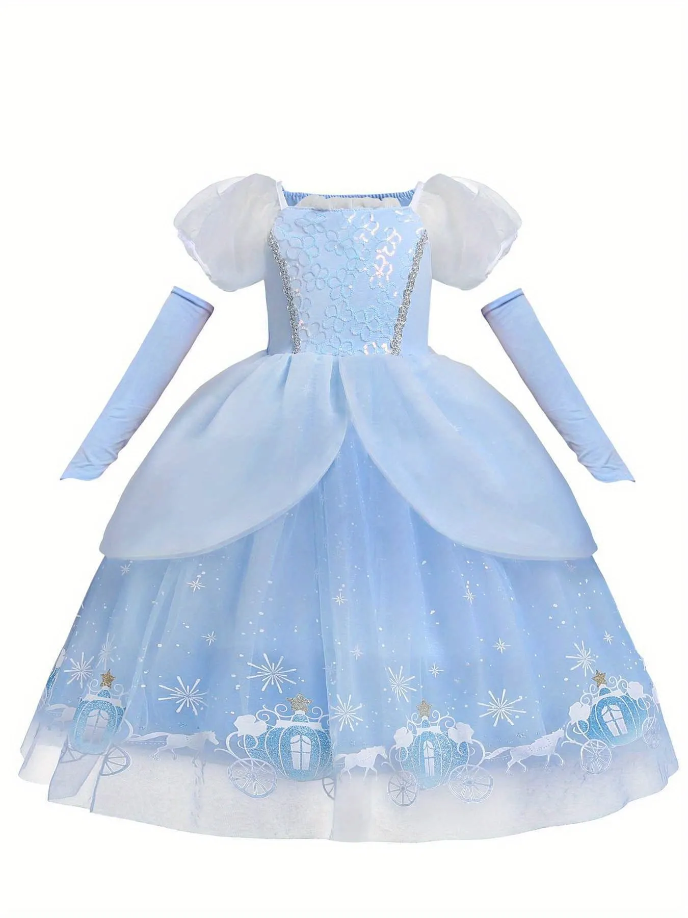 Fairy Tale Princess Dress & Sleeves Set, Girl's Pumpkin Wagon Print Puff Sleeve Mesh Dress, Dress Up Outfits For Christmas Halloween Party Birthday Performance, As Gift