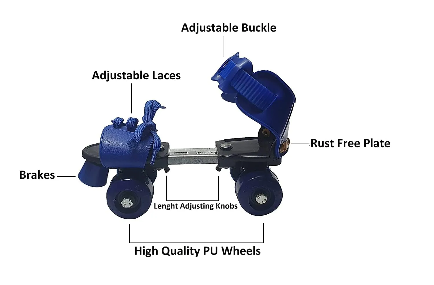 Famous Quality® Adjustable Indoor/Outdoor Quad Dry Roller Skates for Girls and Boys;Age Group 5-12 Years; Metal Plastic, Blue