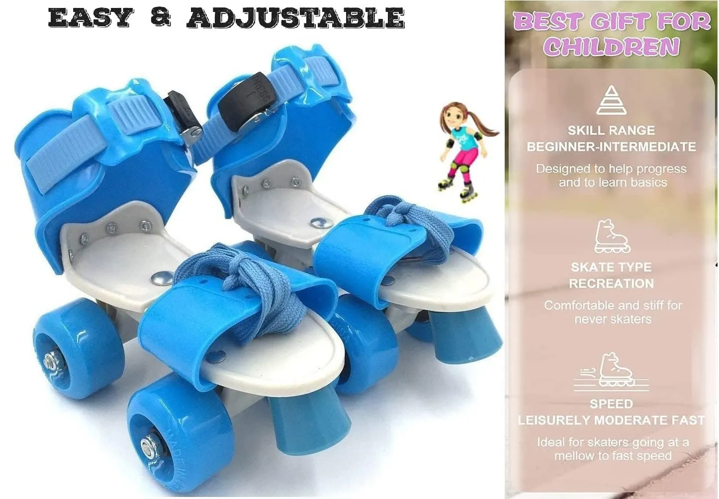 Famous Quality® Adjustable Indoor/Outdoor Quad Dry Roller Skates for Girls and Boys;Age Group 5-12 Years; Metal Plastic, Blue
