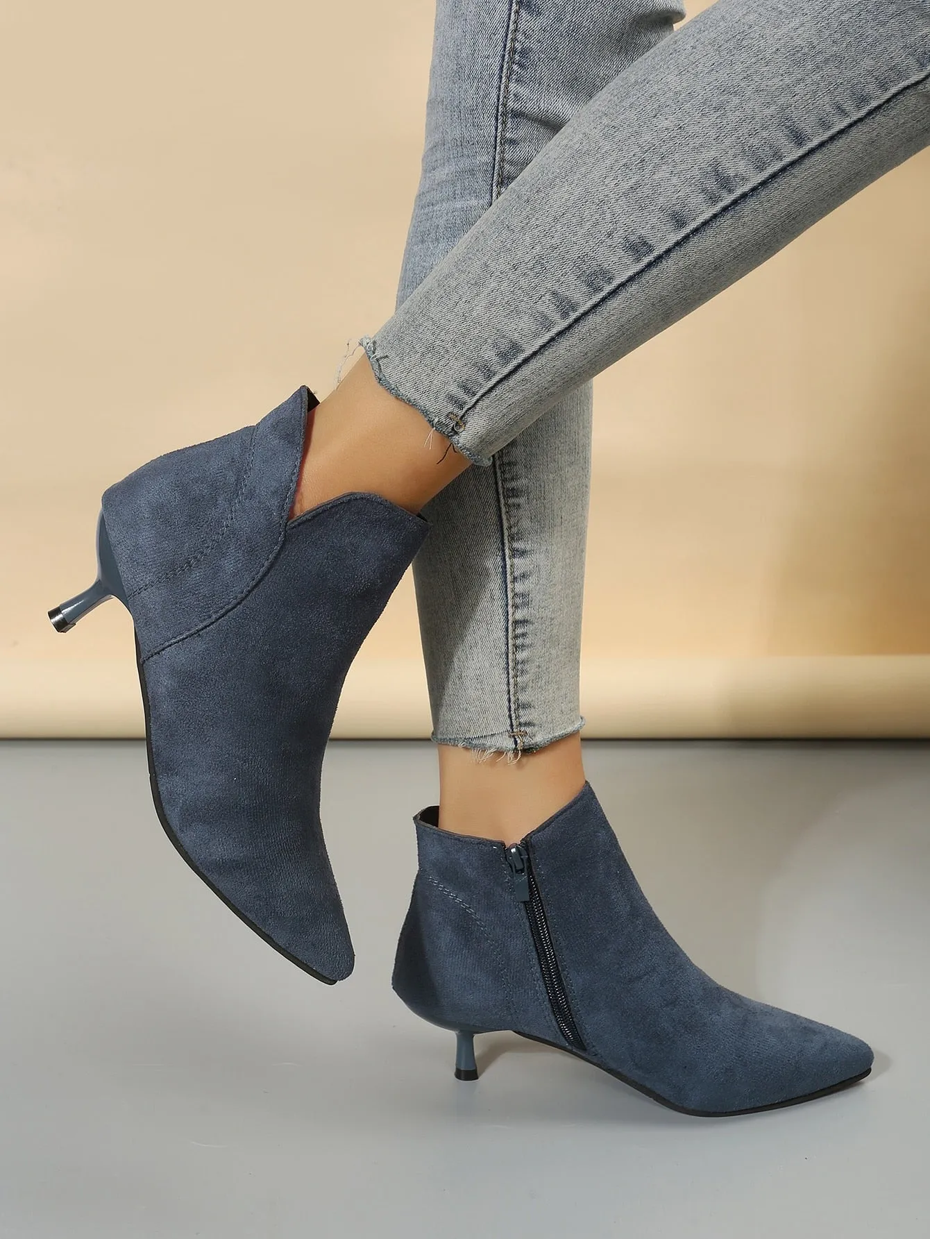Faux Suede Zipper Side Point Toe Stiletto Heeled Booties