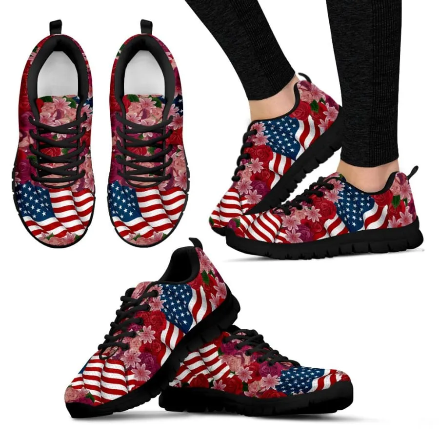 Florist & USA Flag Women's Sneakers|Independence Day Shoes