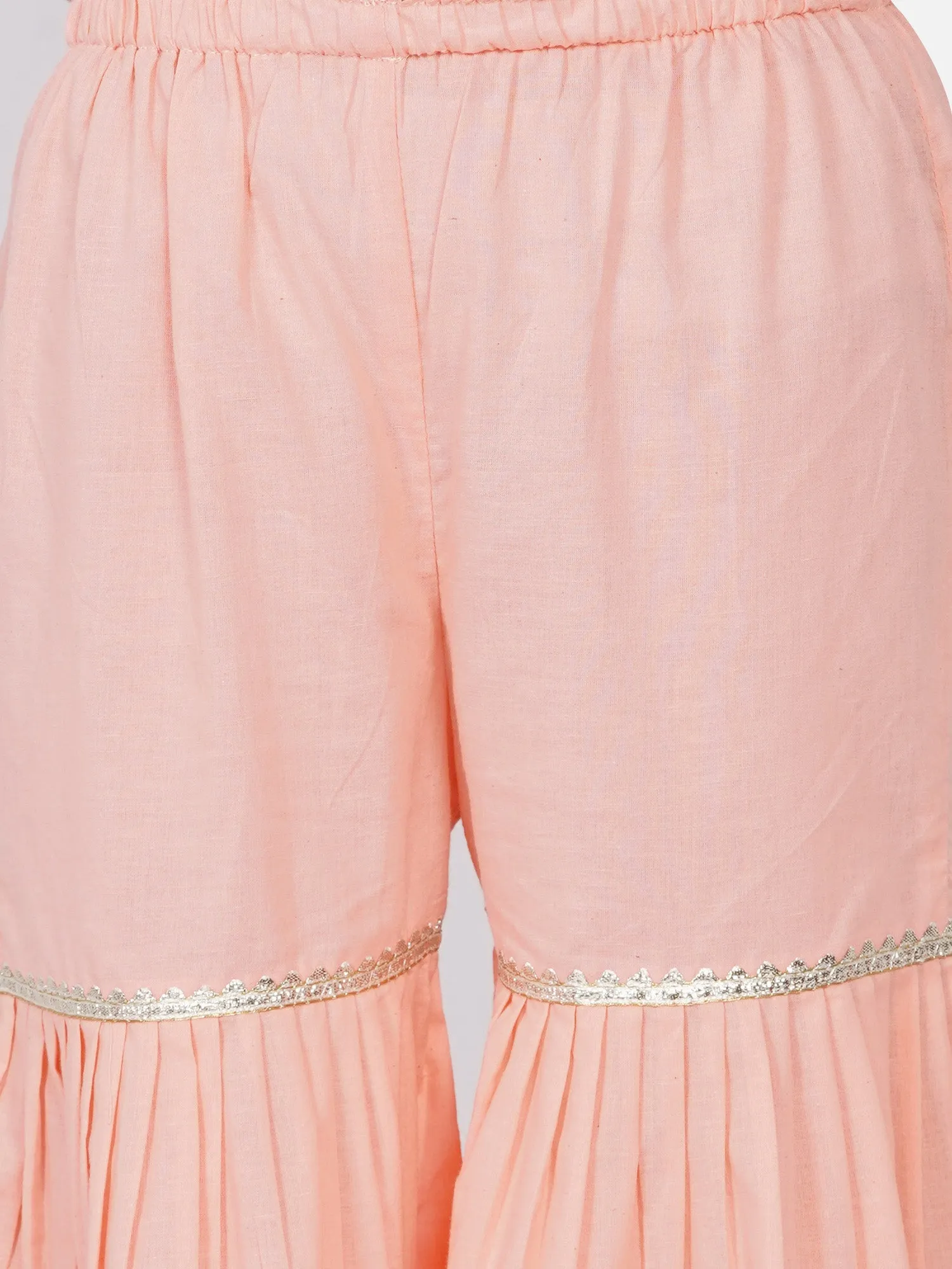 Girl's Cotton And Georgette Jaipuri Lacework And Gotta Patti Work Kurta Frock With Sharara And Dupatta - Peach - Little Bansi Girls