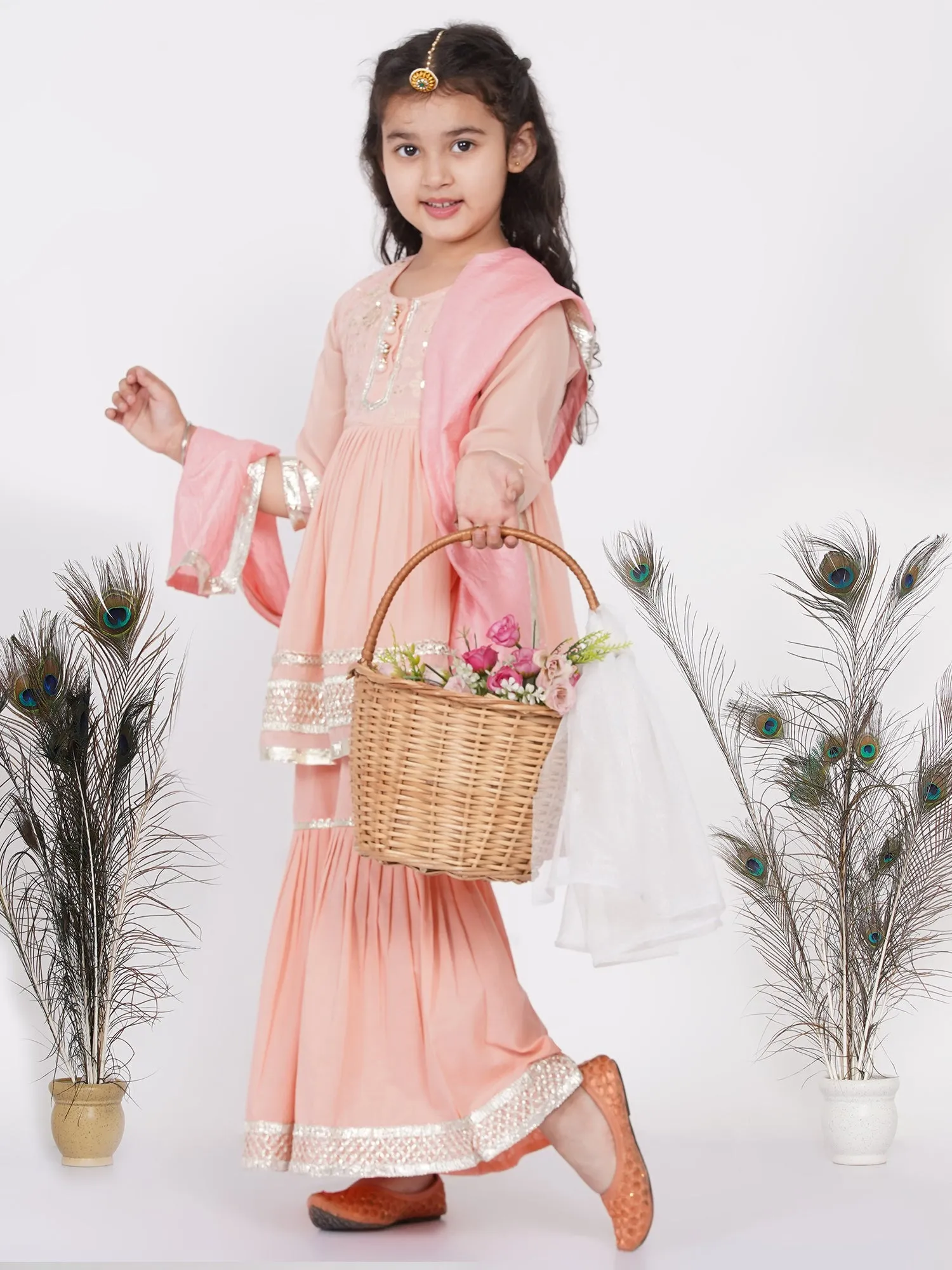 Girl's Cotton And Georgette Jaipuri Lacework And Gotta Patti Work Kurta Frock With Sharara And Dupatta - Peach - Little Bansi Girls