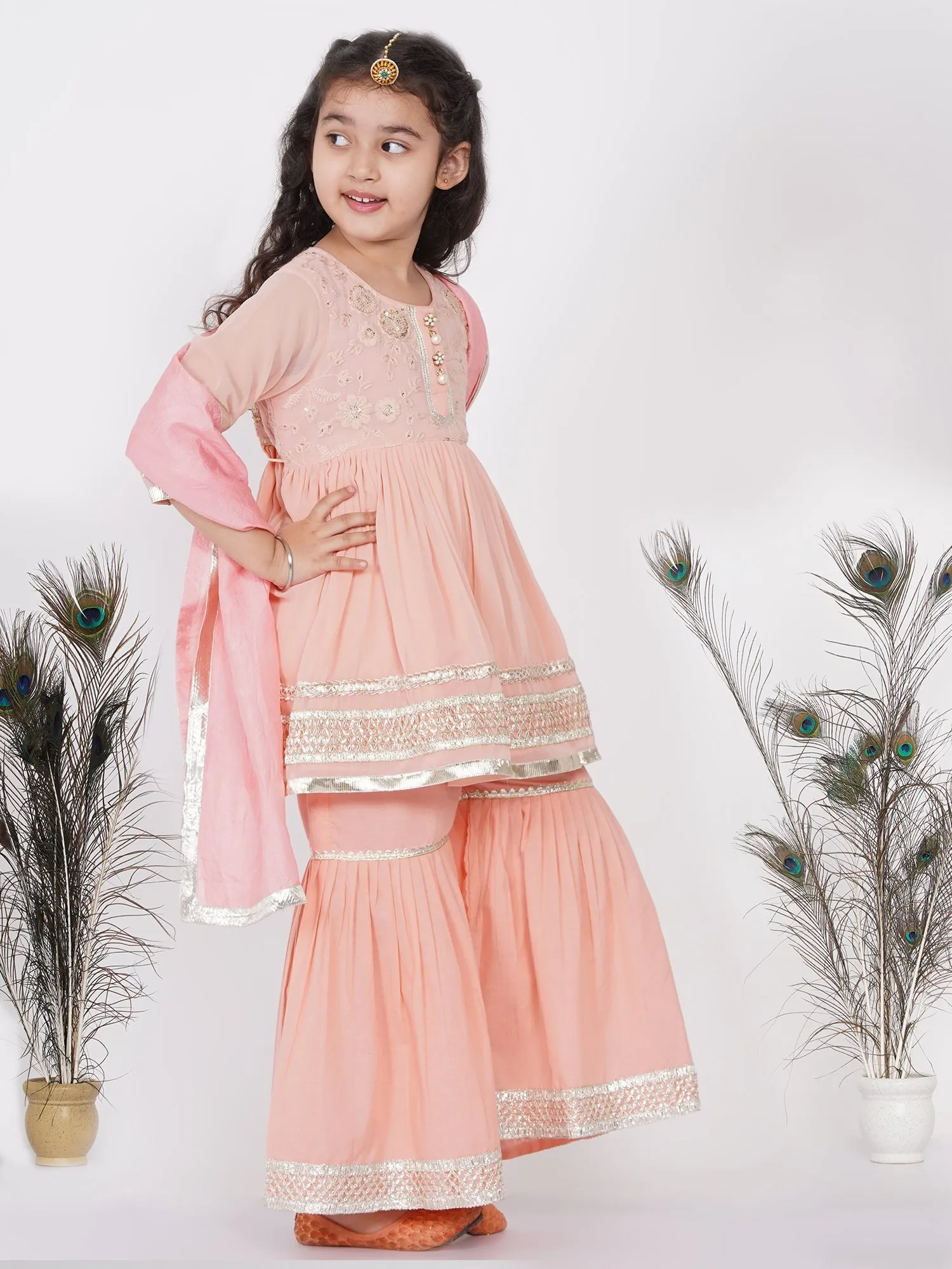 Girl's Cotton And Georgette Jaipuri Lacework And Gotta Patti Work Kurta Frock With Sharara And Dupatta - Peach - Little Bansi Girls