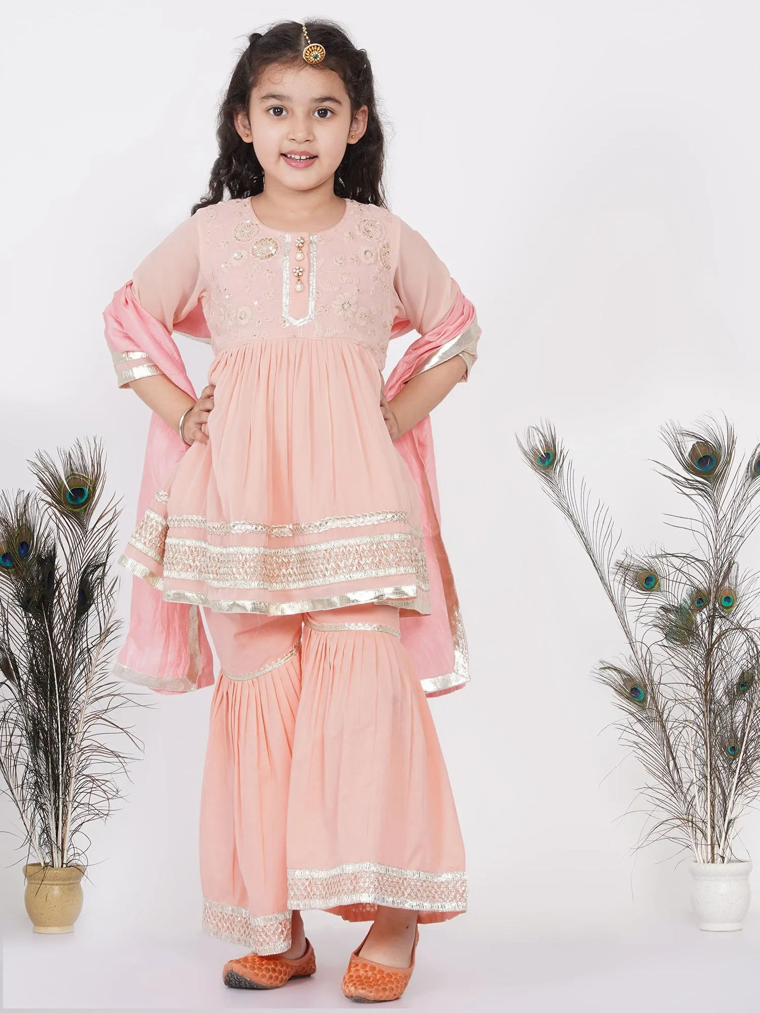 Girl's Cotton And Georgette Jaipuri Lacework And Gotta Patti Work Kurta Frock With Sharara And Dupatta - Peach - Little Bansi Girls
