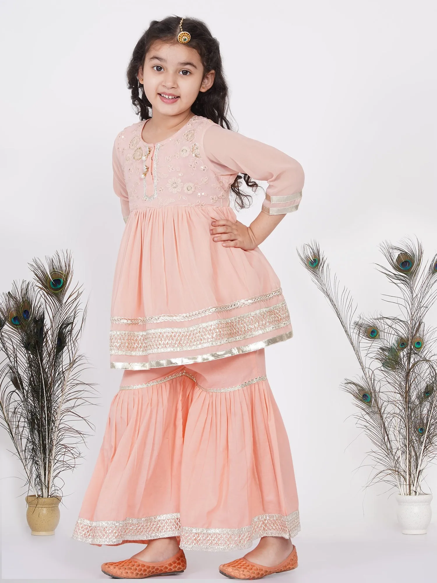 Girl's Cotton And Georgette Jaipuri Lacework And Gotta Patti Work Kurta Frock With Sharara And Dupatta - Peach - Little Bansi Girls