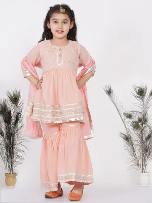 Girl's Cotton And Georgette Jaipuri Lacework And Gotta Patti Work Kurta Frock With Sharara And Dupatta - Peach - Little Bansi Girls