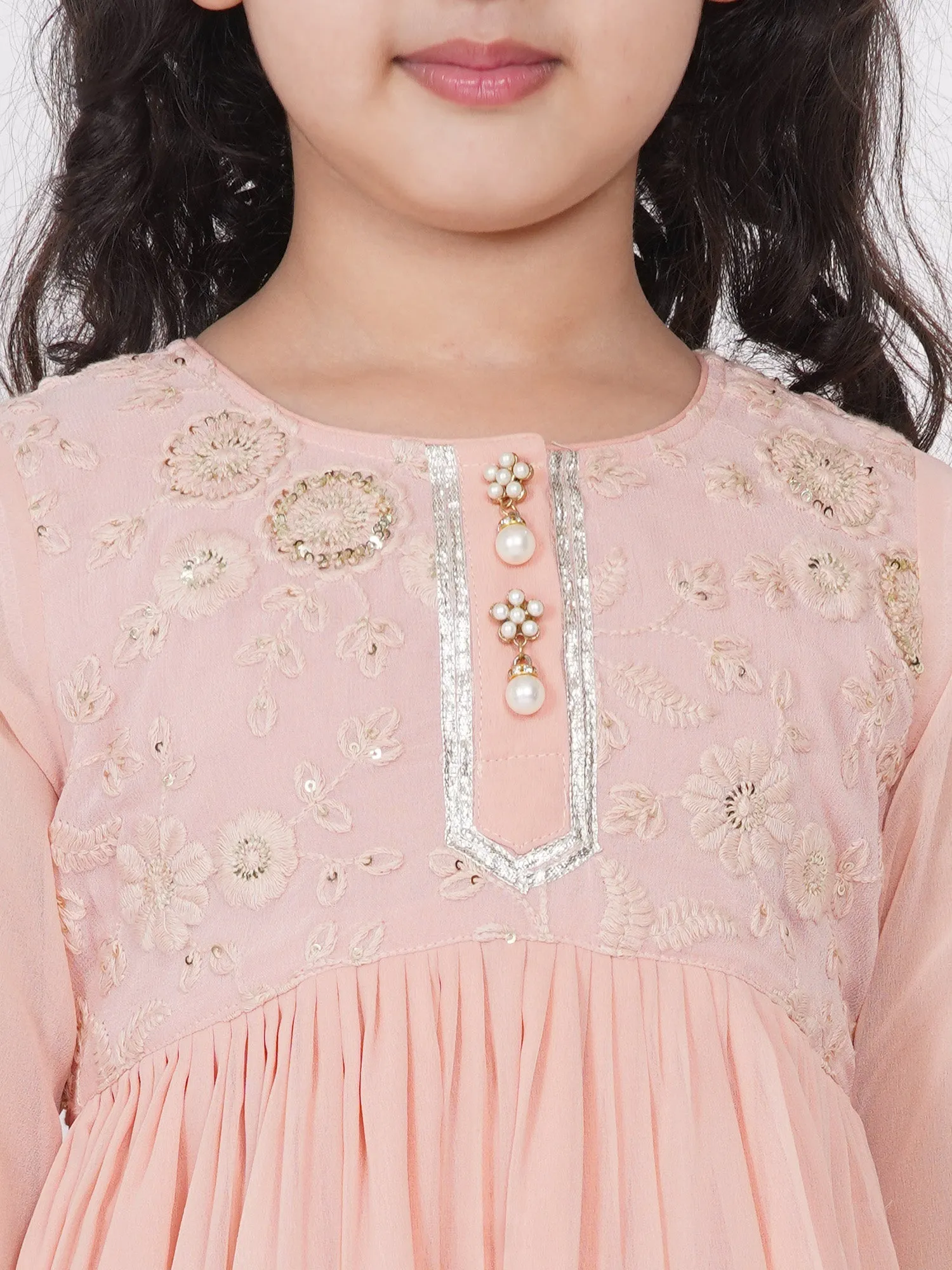 Girl's Cotton And Georgette Jaipuri Lacework And Gotta Patti Work Kurta Frock With Sharara And Dupatta - Peach - Little Bansi Girls