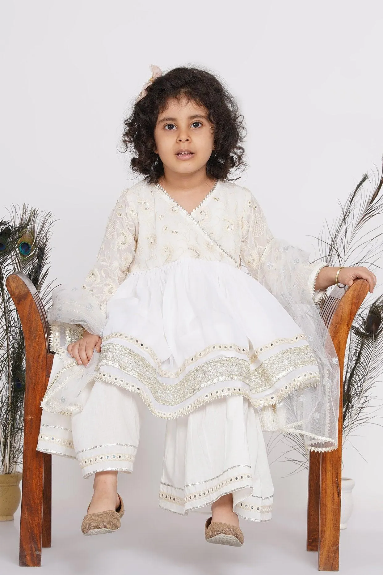 Girl's Cotton Floral Embroidery And Lacework Angrakha Kurta With Sharara And Dupatta - White - Little Bansi Girls