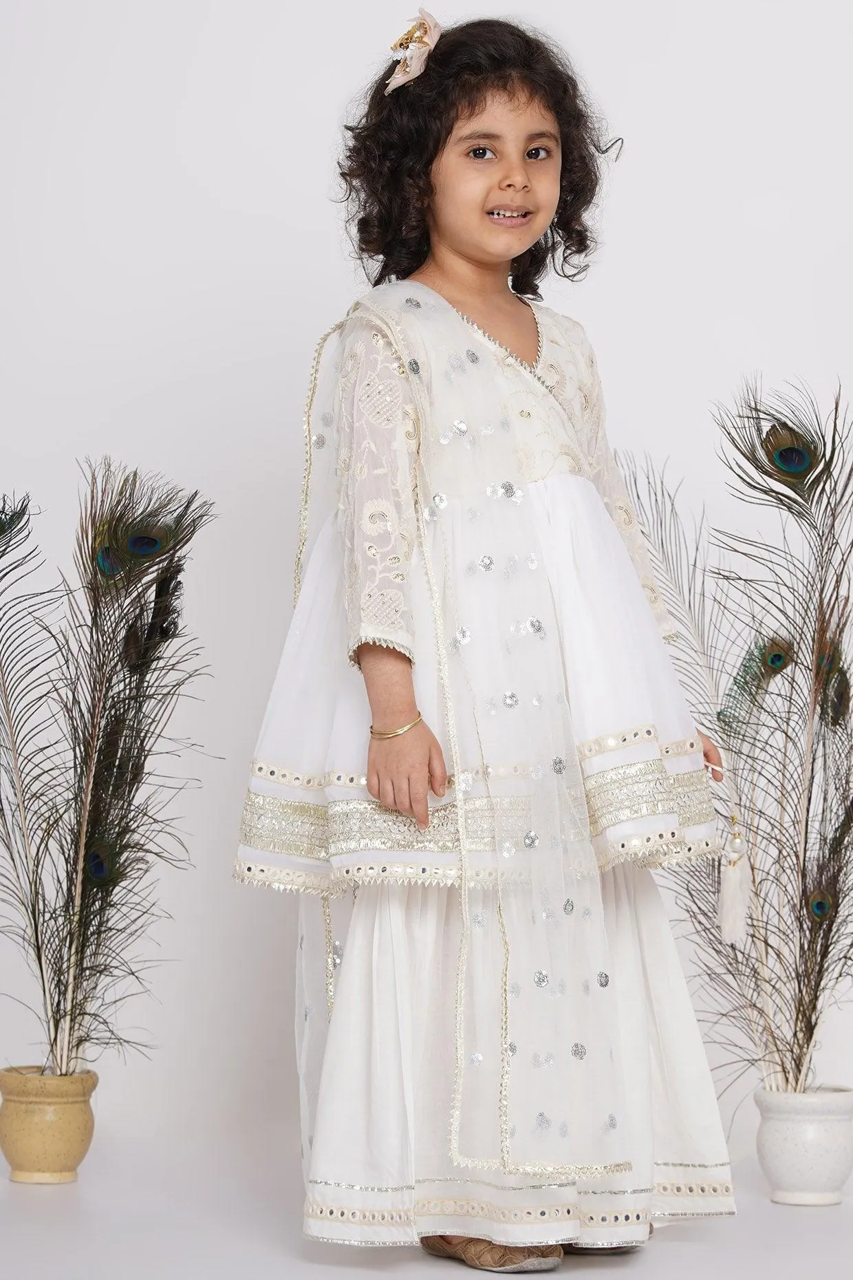 Girl's Cotton Floral Embroidery And Lacework Angrakha Kurta With Sharara And Dupatta - White - Little Bansi Girls