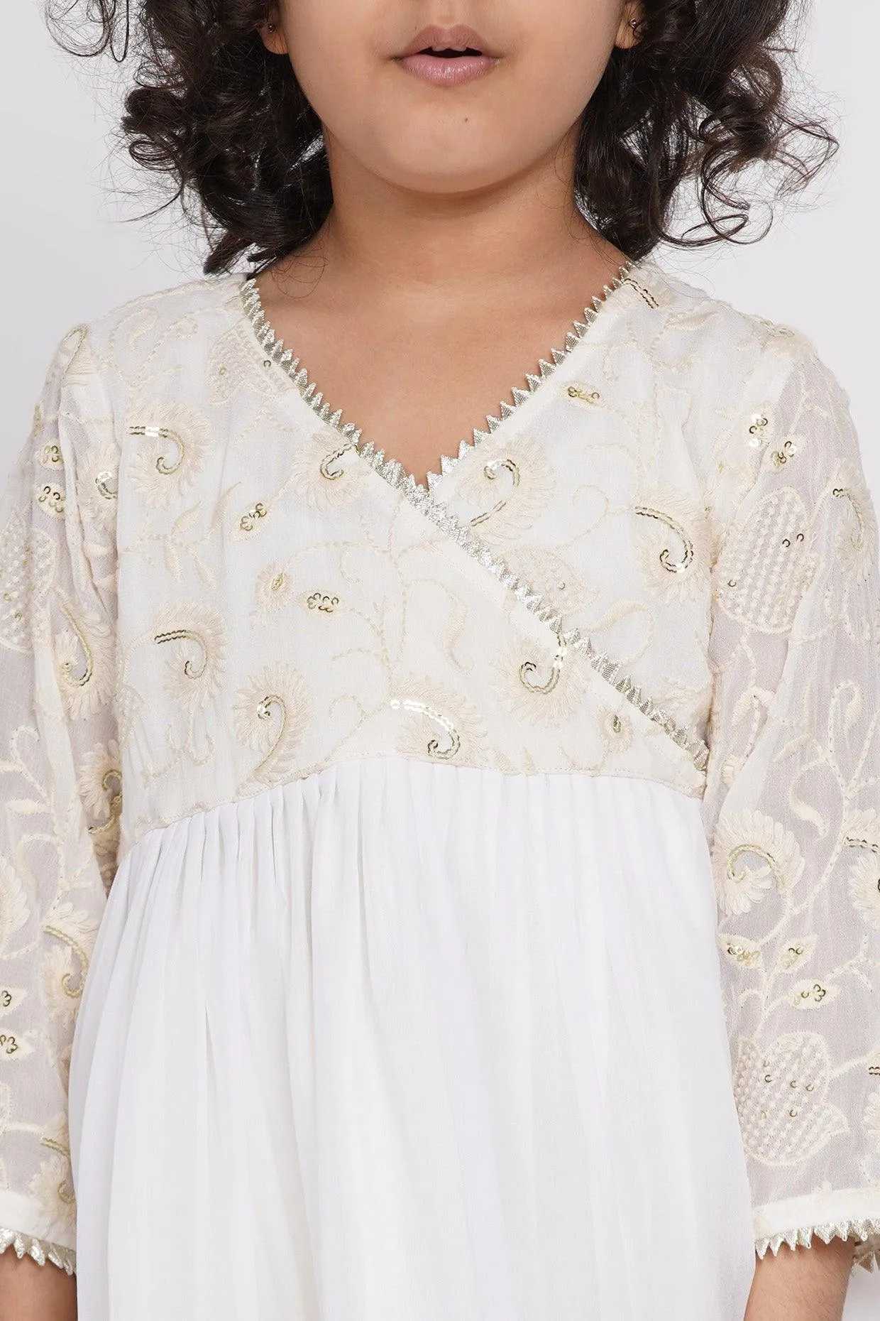 Girl's Cotton Floral Embroidery And Lacework Angrakha Kurta With Sharara And Dupatta - White - Little Bansi Girls