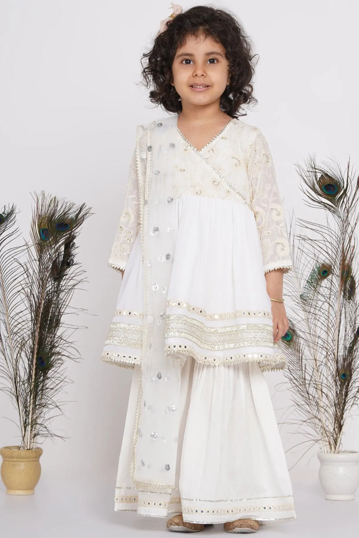 Girl's Cotton Floral Embroidery And Lacework Angrakha Kurta With Sharara And Dupatta - White - Little Bansi Girls