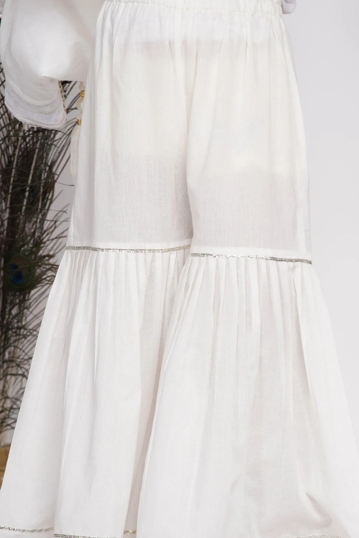 Girl's Cotton Floral Embroidery And Lacework Angrakha Kurta With Sharara And Dupatta - White - Little Bansi Girls