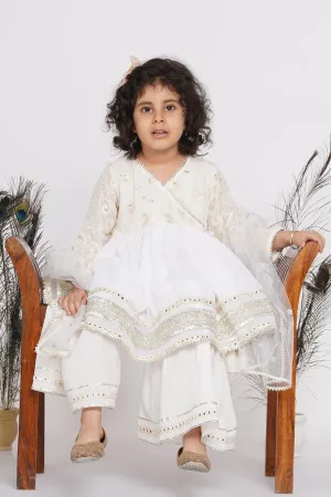 Girl's Cotton Floral Embroidery And Lacework Angrakha Kurta With Sharara And Dupatta - White - Little Bansi Girls