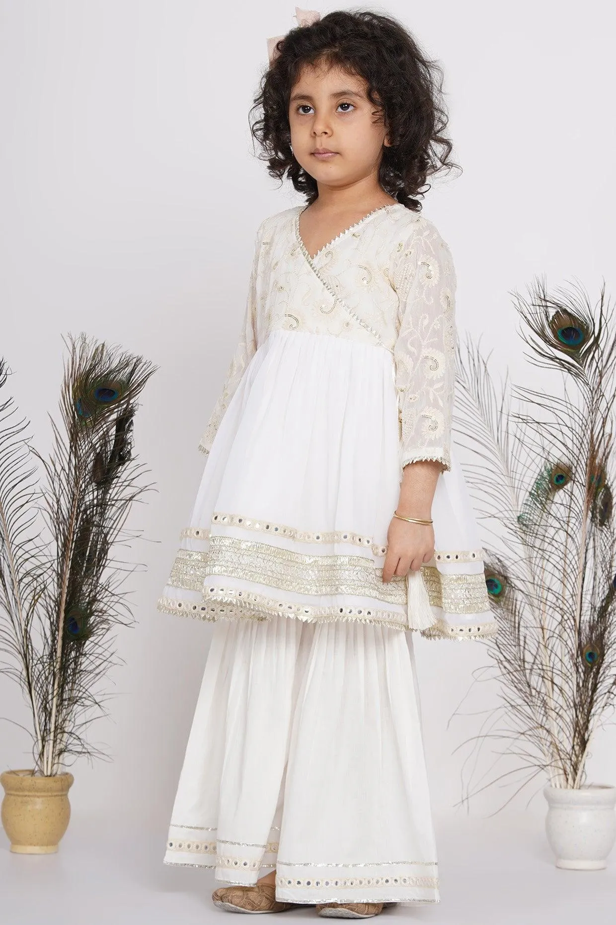 Girl's Cotton Floral Embroidery And Lacework Angrakha Kurta With Sharara And Dupatta - White - Little Bansi Girls