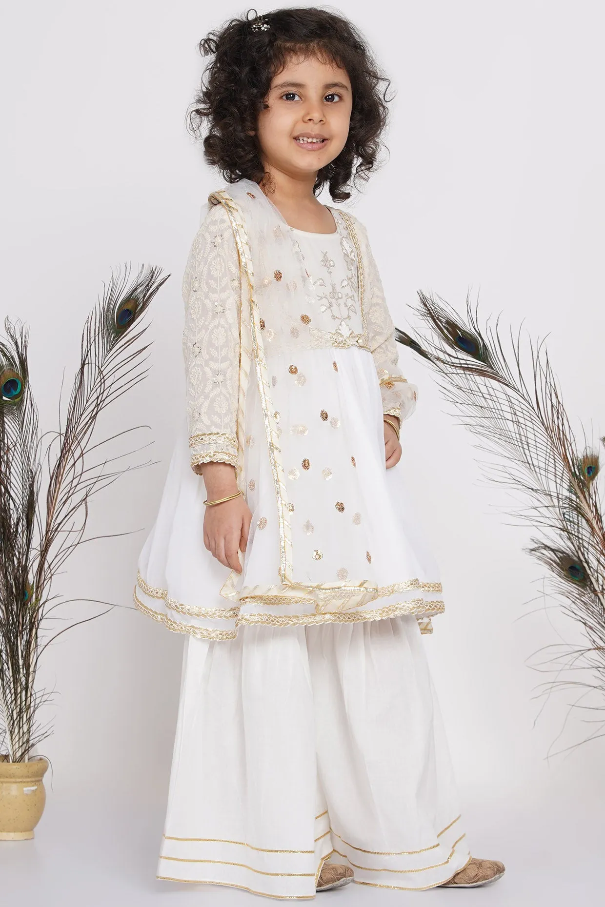 Girl's Cotton Floral Embroidery And Lacework Frock Kurta With Sharara And Dupatta - White - Little Bansi Girls