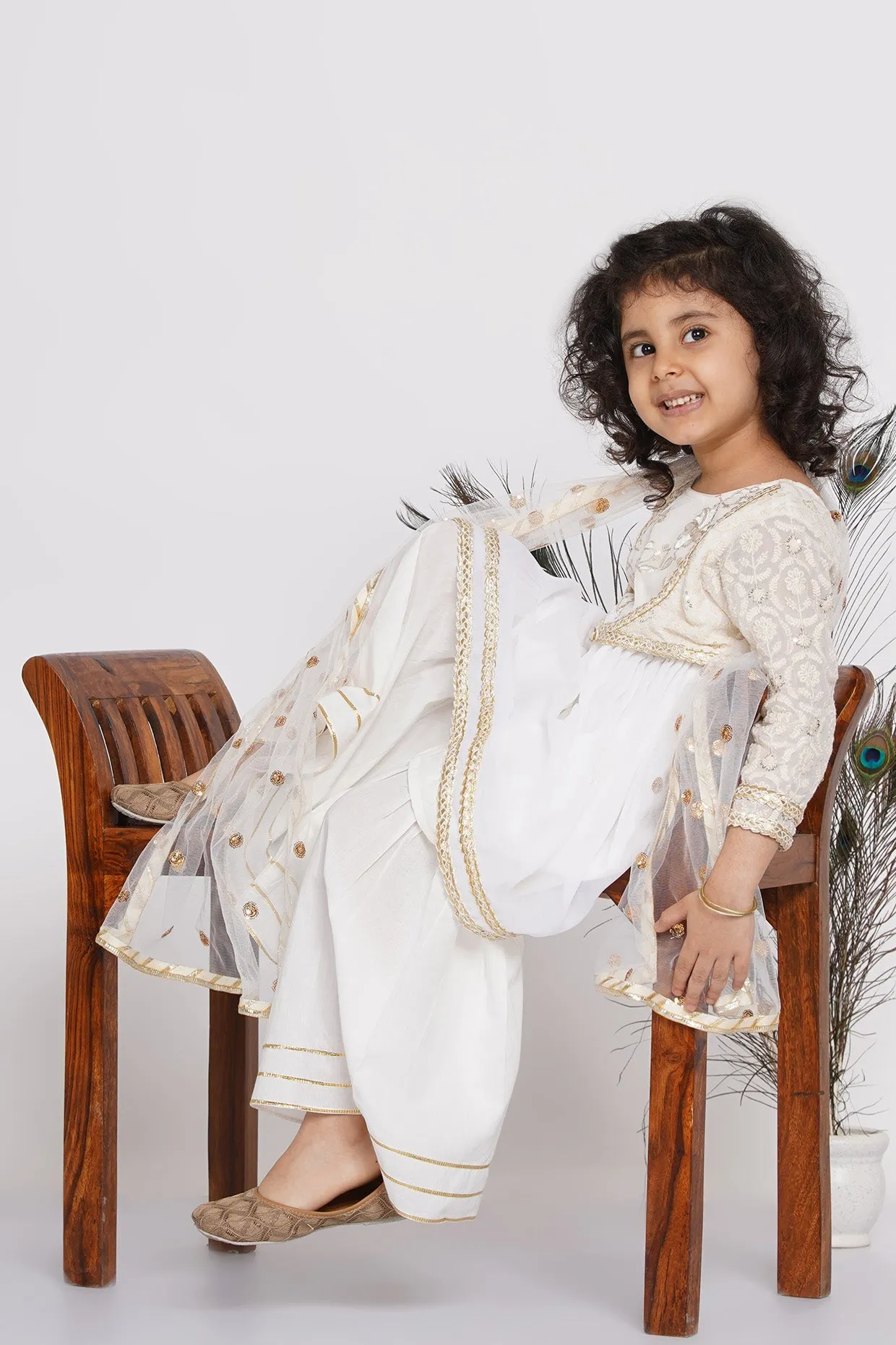 Girl's Cotton Floral Embroidery And Lacework Frock Kurta With Sharara And Dupatta - White - Little Bansi Girls