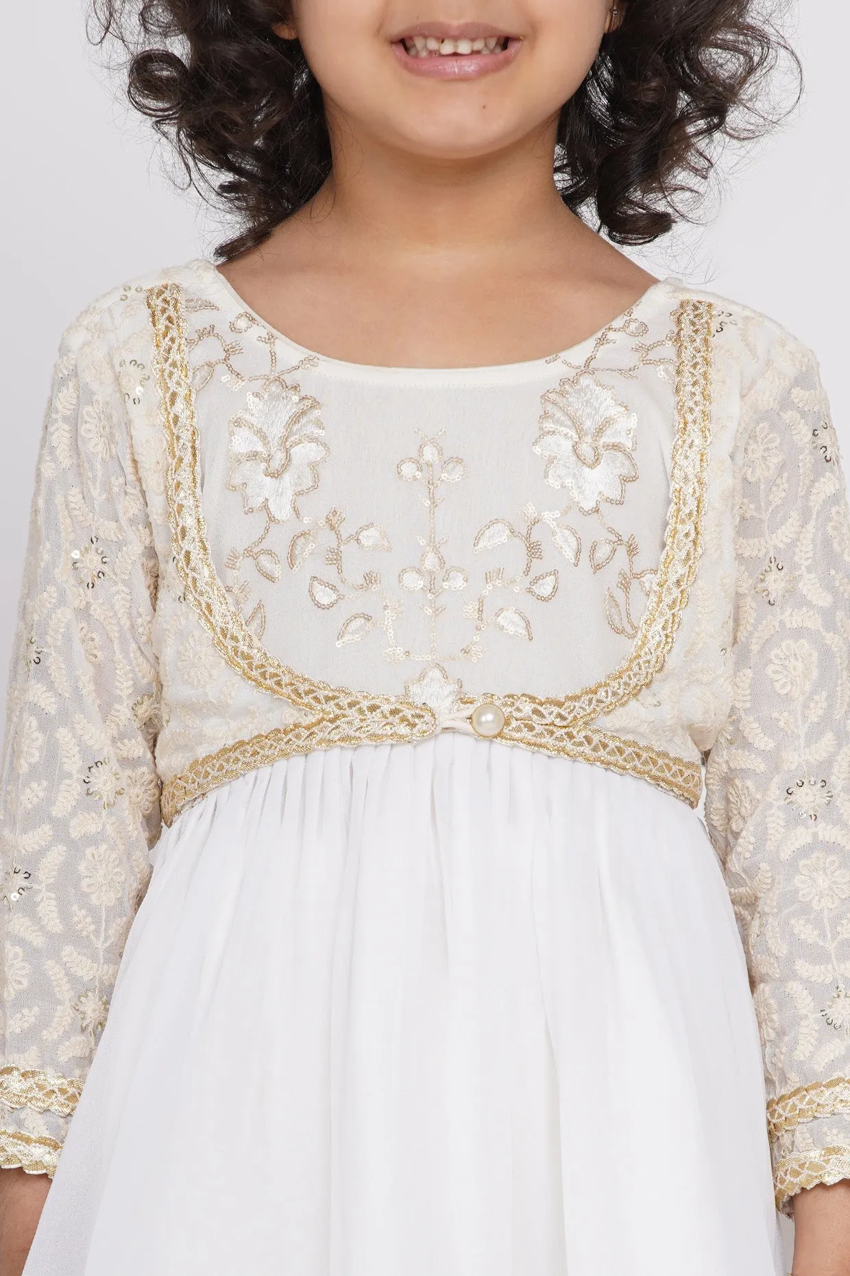 Girl's Cotton Floral Embroidery And Lacework Frock Kurta With Sharara And Dupatta - White - Little Bansi Girls