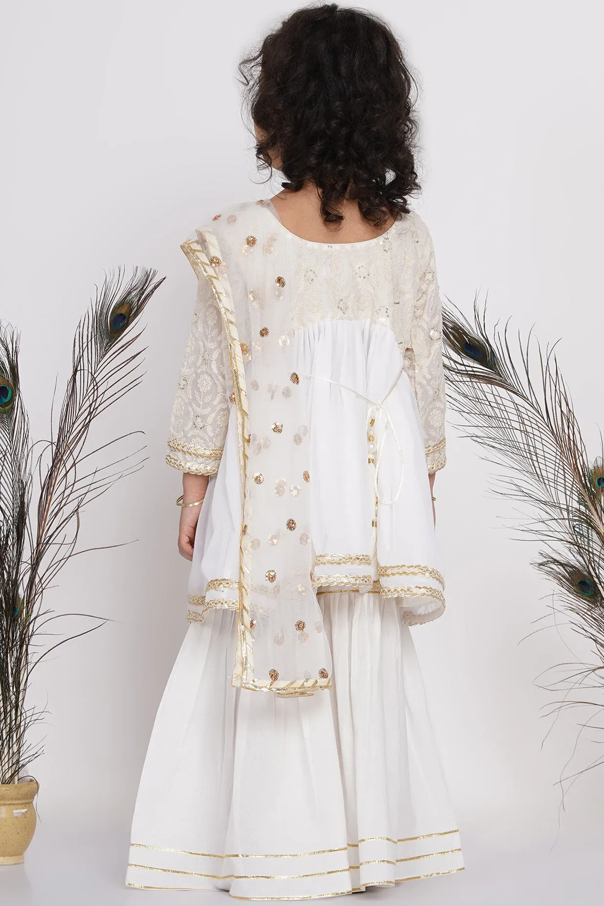 Girl's Cotton Floral Embroidery And Lacework Frock Kurta With Sharara And Dupatta - White - Little Bansi Girls