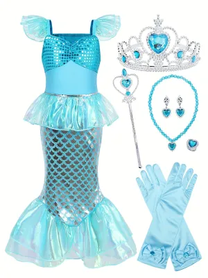 Girl's Mermaid Princess Dress With Accessories Set, Sequin Decor Mesh Ruffled Dress, Fairy Tale Character dress, For Halloween Holiday Party Prom Birthday Performance