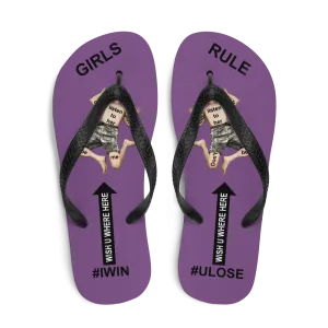 GIRLS RULE flip flops with CRUSHED TINY MAN underfoot purple fabric NEW (2020-05-10)
