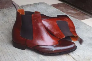 Handmade Brown Leather Wing Tip Chelsea Boot