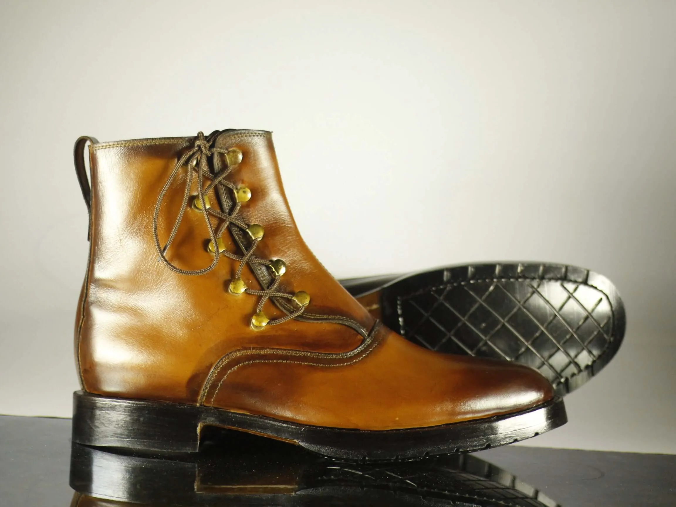 Handmade Men's Ankle High Brown Side Lace Up Leather Boots