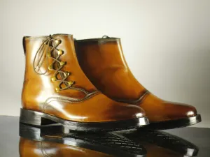 Handmade Men's Ankle High Brown Side Lace Up Leather Boots