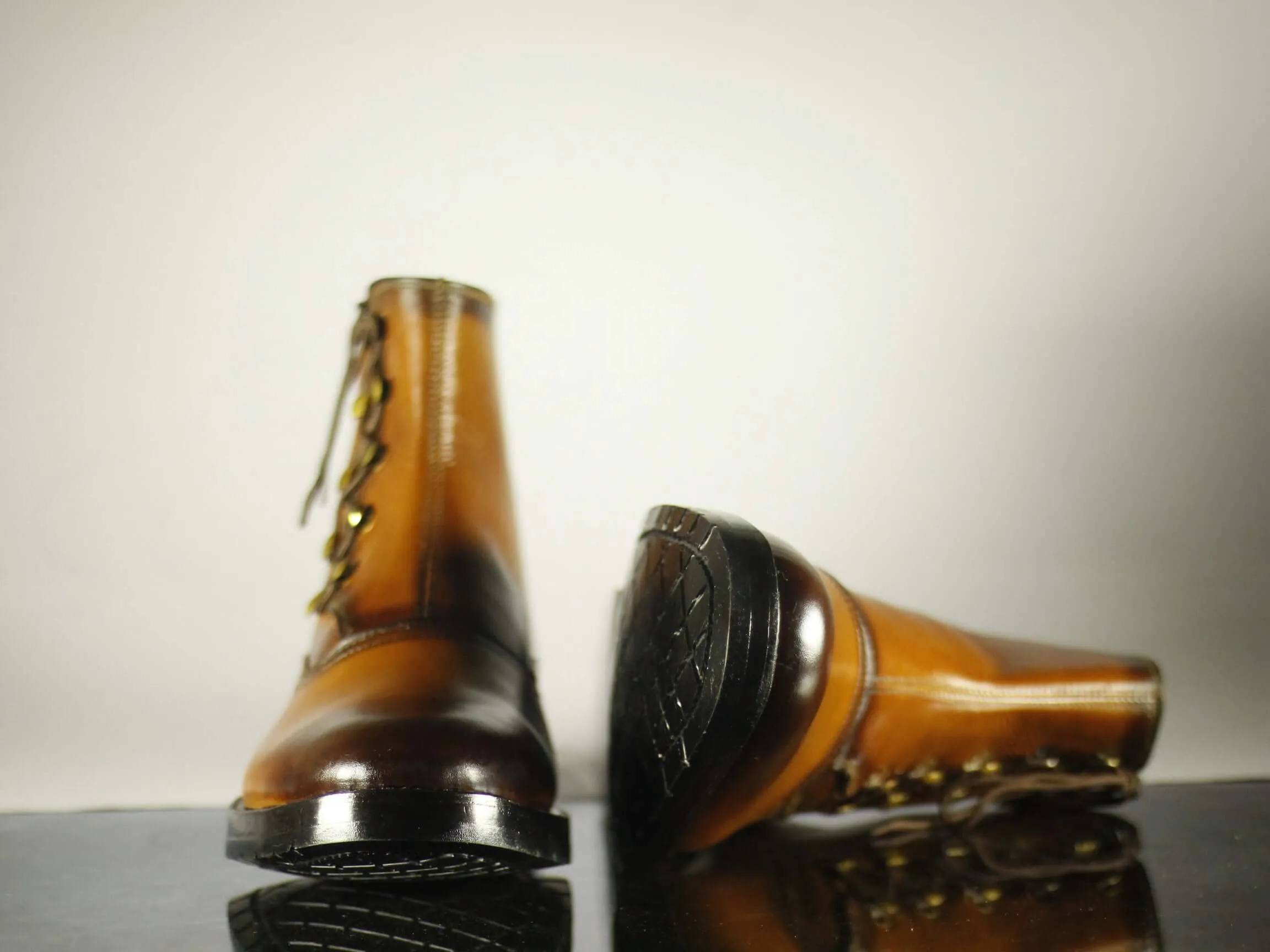 Handmade Men's Ankle High Brown Side Lace Up Leather Boots
