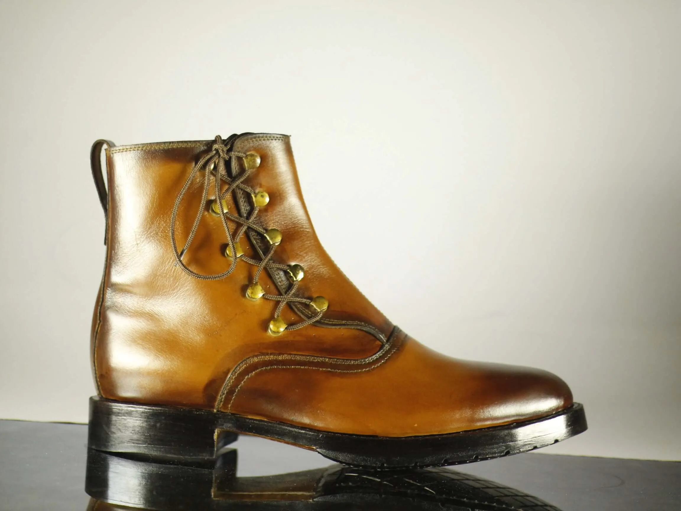 Handmade Men's Ankle High Brown Side Lace Up Leather Boots