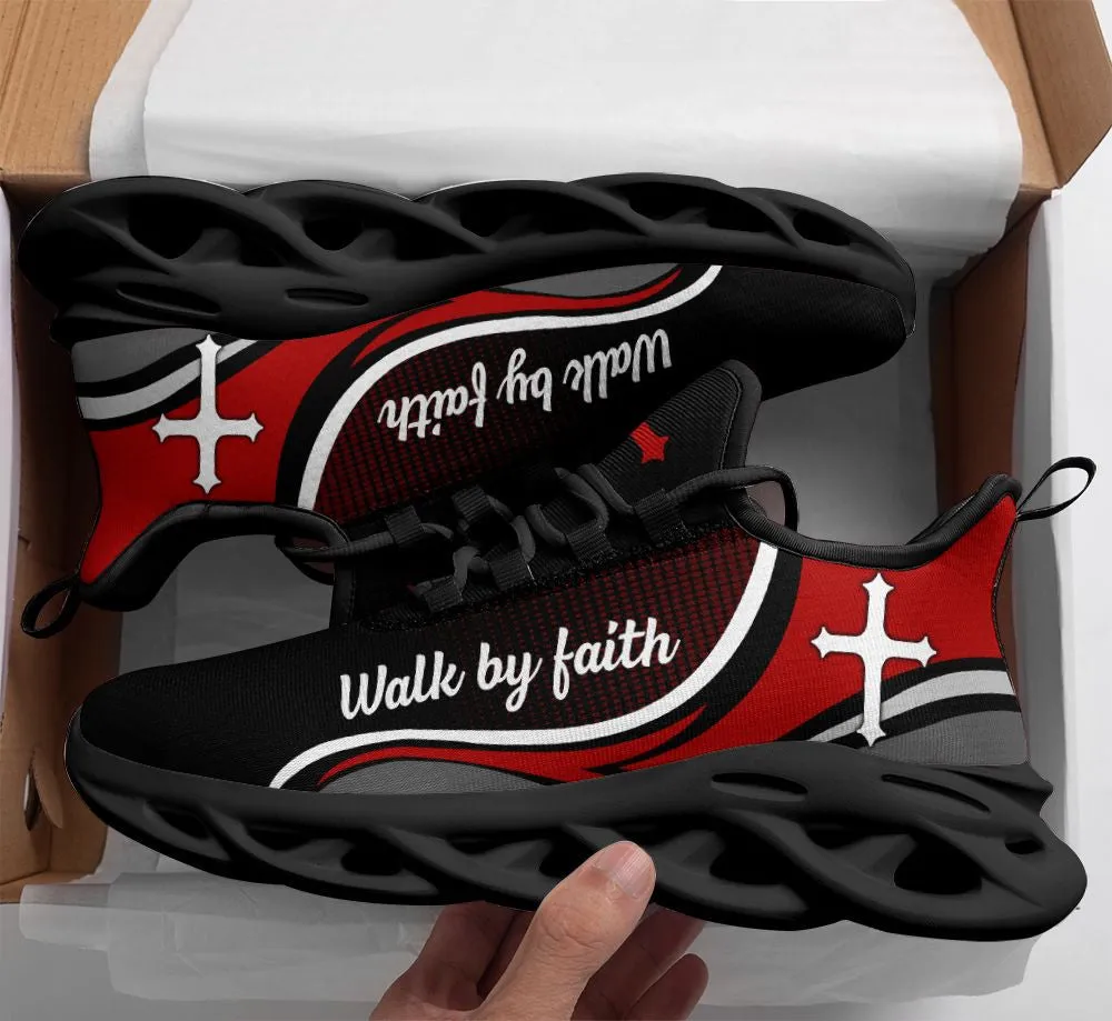 Jesus Walk By Faith Running Sneakers Red Black Max Soul Shoes - Christian Shoes For Men And Women