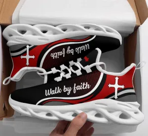 Jesus Walk By Faith Running Sneakers Red Black Max Soul Shoes - Christian Shoes For Men And Women