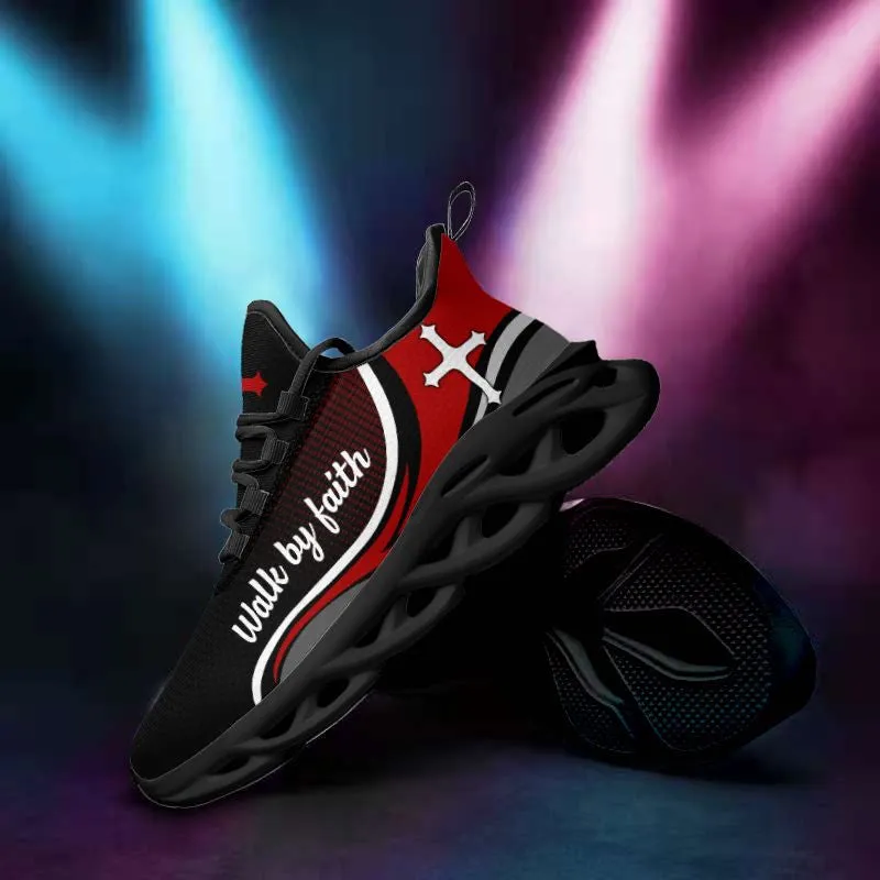 Jesus Walk By Faith Running Sneakers Red Black Max Soul Shoes - Christian Shoes For Men And Women