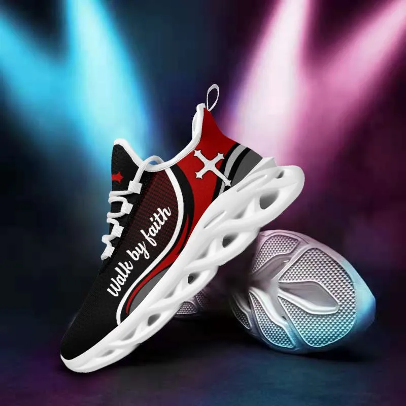 Jesus Walk By Faith Running Sneakers Red Black Max Soul Shoes - Christian Shoes For Men And Women
