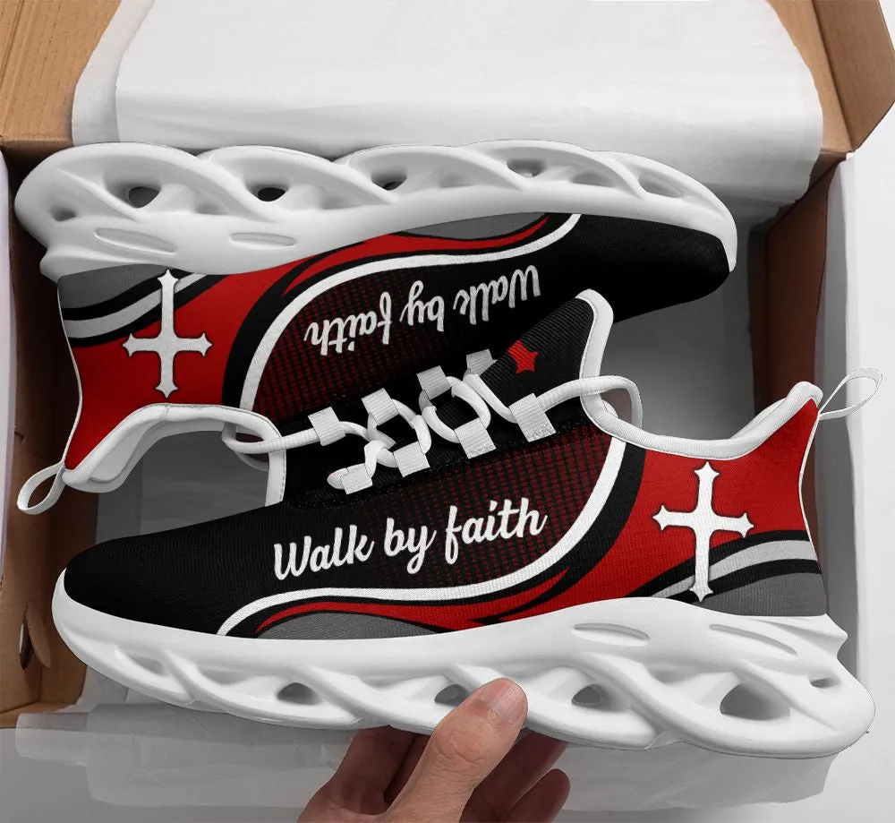 Jesus Walk By Faith Running Sneakers Red Black Max Soul Shoes - Christian Shoes For Men And Women
