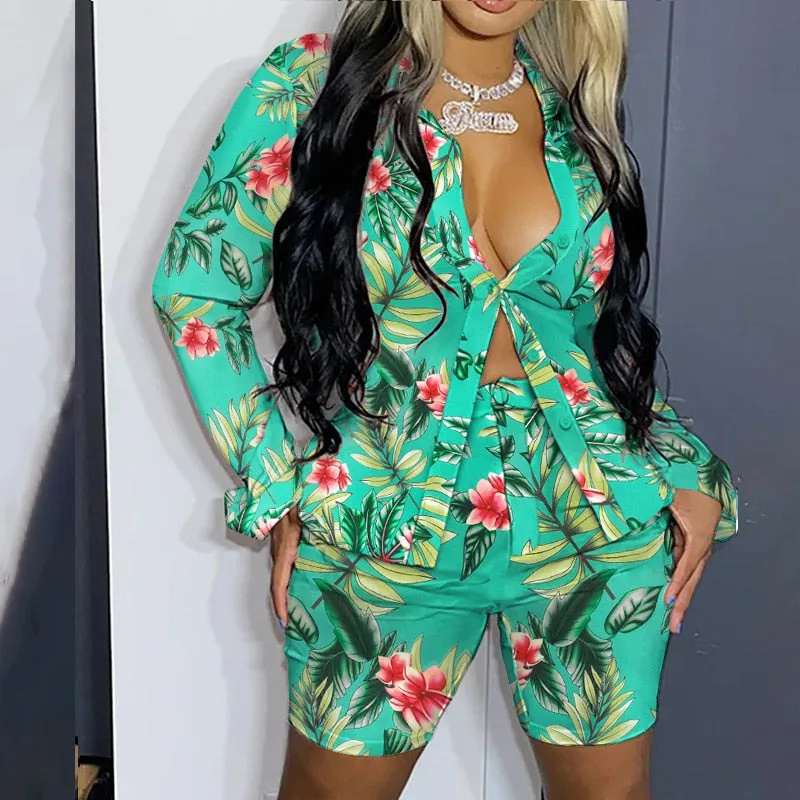 Joskaa Fashion Two-Piece Set Casual Wear Suits Set 2pcs outifts Casual wear Floral Print Button Design Top &Shorts Set