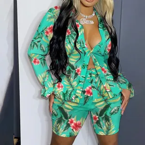 Joskaa Fashion Two-Piece Set Casual Wear Suits Set 2pcs outifts Casual wear Floral Print Button Design Top &Shorts Set