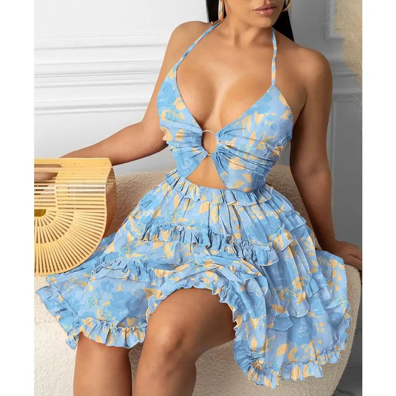 Joskaa hoco dresses Fashion Women Sexy Backless Halter Geo Print Mini Dress Beach Dresses O-ring Cut-out Backless Frill Hem Summer Short Dresses