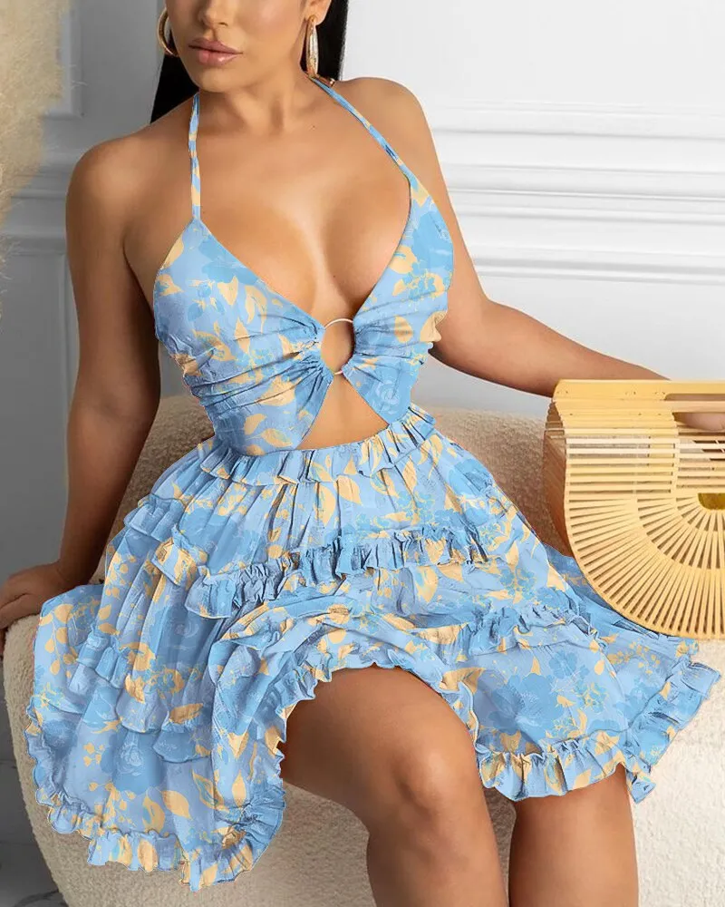Joskaa hoco dresses Fashion Women Sexy Backless Halter Geo Print Mini Dress Beach Dresses O-ring Cut-out Backless Frill Hem Summer Short Dresses