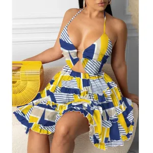 Joskaa hoco dresses Fashion Women Sexy Backless Halter Geo Print Mini Dress Beach Dresses O-ring Cut-out Backless Frill Hem Summer Short Dresses