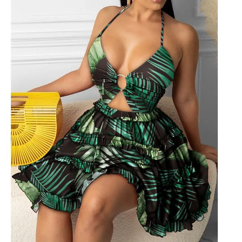 Joskaa hoco dresses Fashion Women Sexy Backless Halter Geo Print Mini Dress Beach Dresses O-ring Cut-out Backless Frill Hem Summer Short Dresses