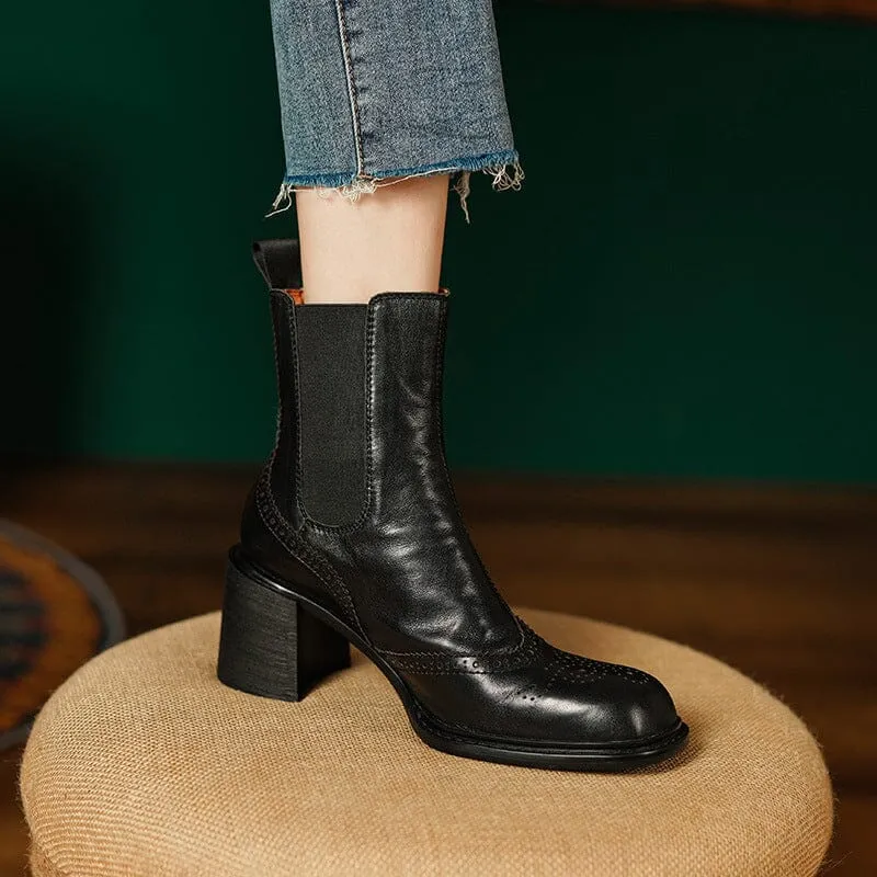 Leather Chelsea Boots Retro Round Toe Platform Ankle Boots Slimming Boots in Black