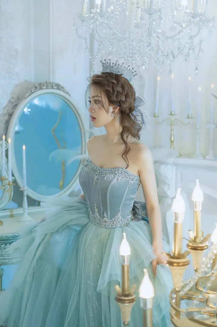 Light Blue Strapless Tulle Ball Gown Prom Dress With Ruffles, Evening Dress ZIK062