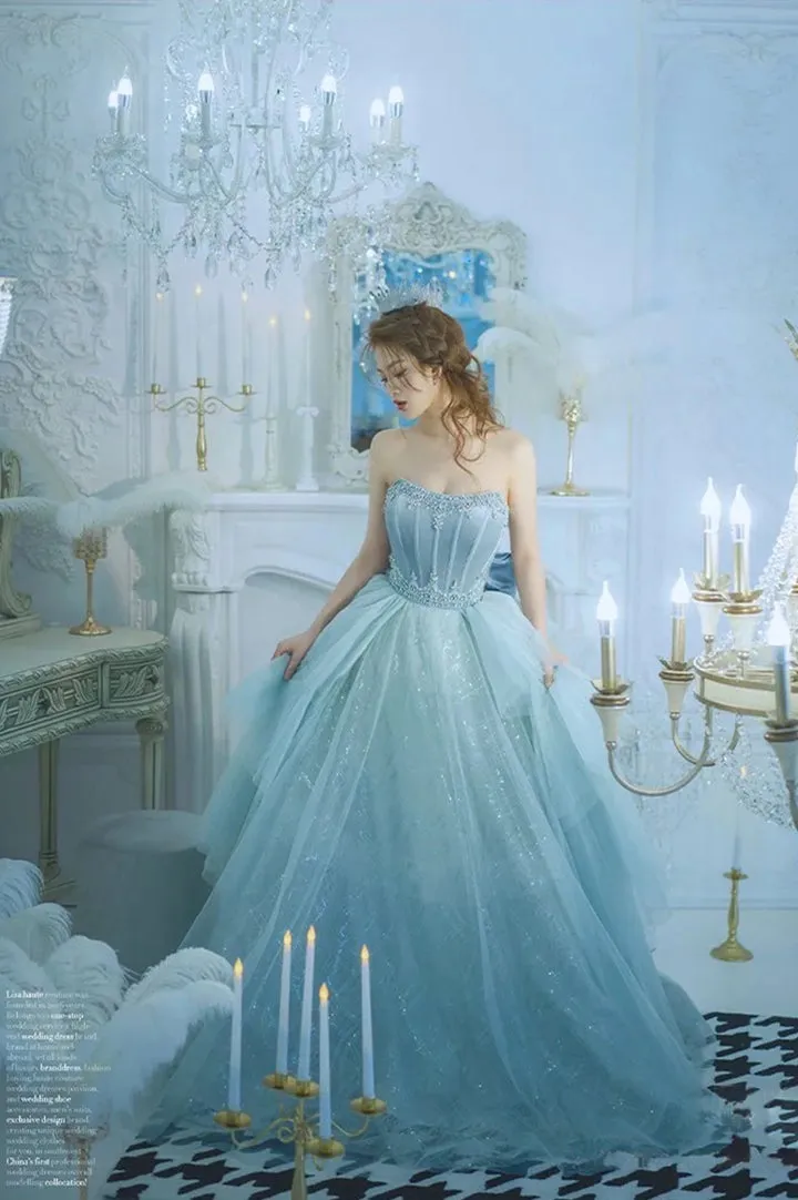 Light Blue Strapless Tulle Ball Gown Prom Dress With Ruffles, Evening Dress ZIK062