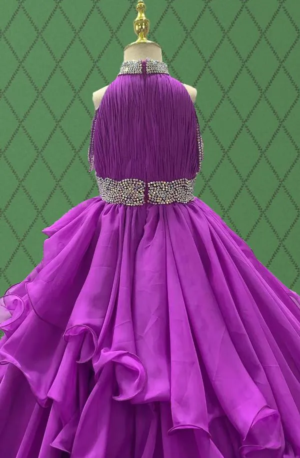 Little Girls Purple Beaded Bodice Sparkly Evening Gown