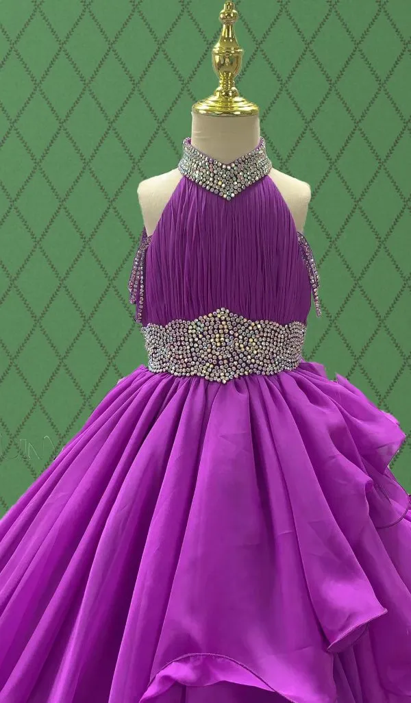 Little Girls Purple Beaded Bodice Sparkly Evening Gown
