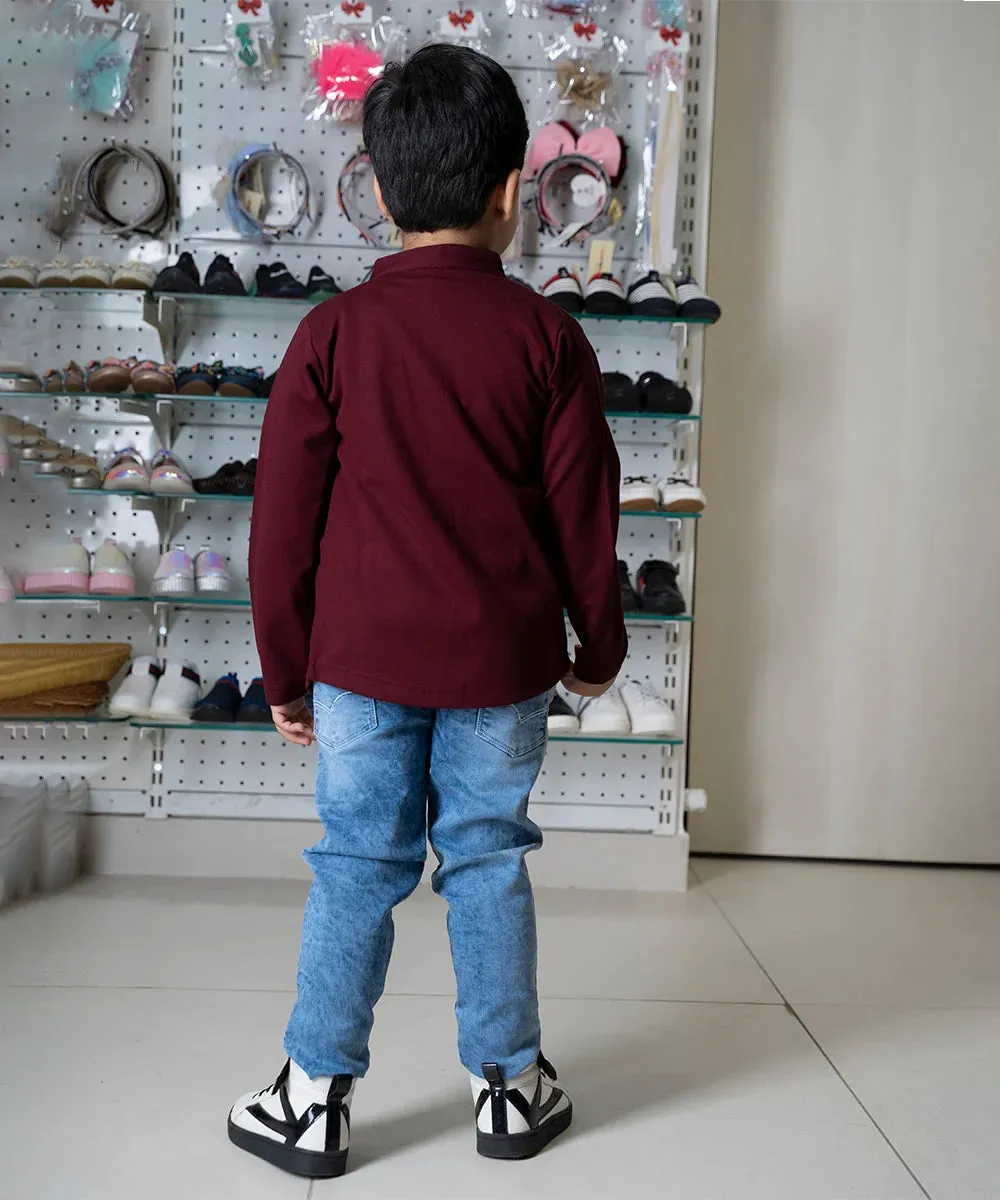 Maroon Color Jacket with Fancy White T-Shirt for Boys