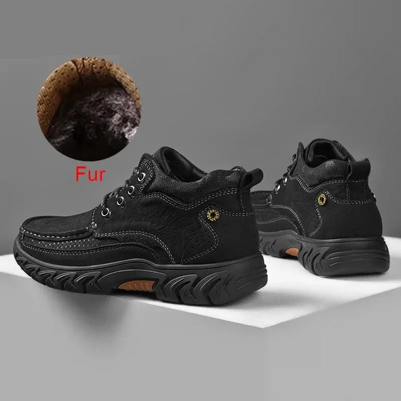 Men Snow Boots Mountaineering Comfortable Durable Warm Non Slip Lace Up Ankle Boots British Style Winter Fur Shoes